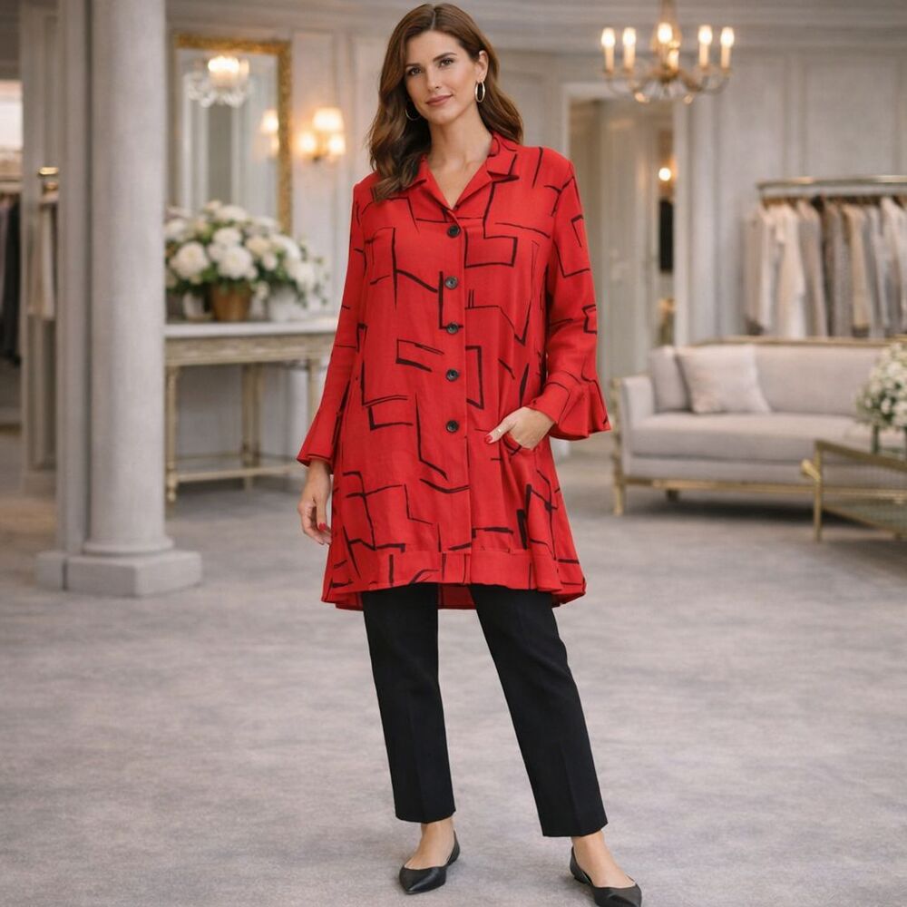 ALI‎ MILES Red Geometric Print Button Up Shirt Tunic Rayon Long Sleeve MEDIUM